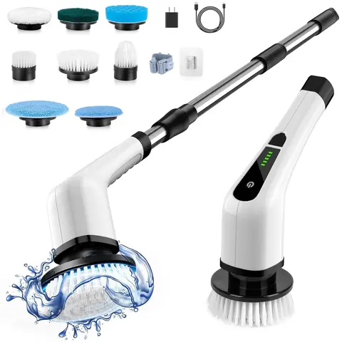 Electric Spin Scrubber with Upgraded Reusable Battery, Extra-Long Runtime, IPX7 Waterproof, 7 Brush Heads, 2 Adjustable Speeds, Long Handle, USB Port, USB Cable, Hook for Bathroom, Kitchen Cleaning, Deep Clean, Up To 90 Min Run