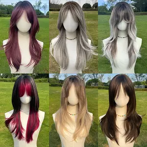 SMILCO/24Inch Berry Red Slightly/Brown/Grey Curly Synthetic Wig With Bangs High-Quality Soft Smooth Fiber Adjustable Cap Air-Permeable Hair Net/SM256