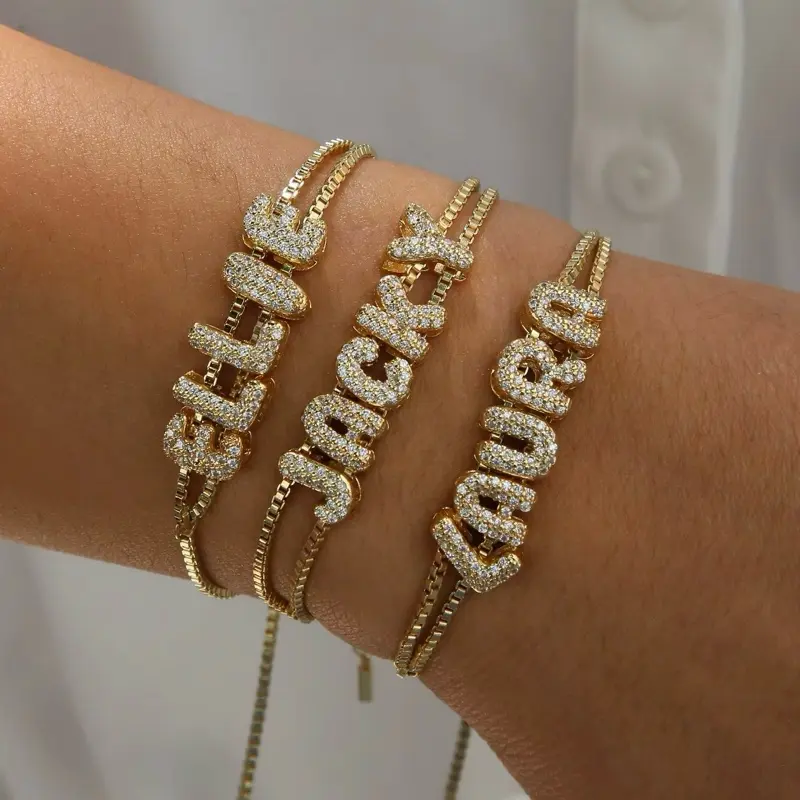 Bubble Nameplate Bracelet- 14K Gold Chain with Personalized Name, Adjustable Length, Custom 1-6 Characters, Next Day Shipping, Genuine Gold Coating