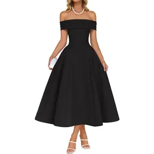 Cocktail Dresses for Women's Elegant Off Shoulder Short Sleeve Swing A Line Wedding Evening Party Midi Dress