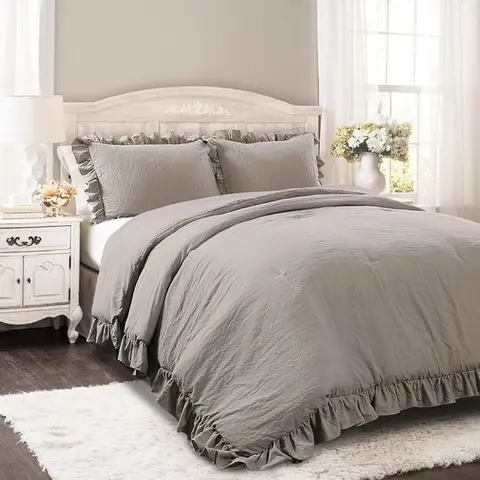Lush Decor Reyna 2-3 Piece Bedding Set - Soft Plain Comforter with Ruffled Edge Trim, Pillows & Blanket, All-Season Cozy Sleep Setup for Shabby Chic Room Decor, Farmhouse Vibe & Minimalist Home Accessory