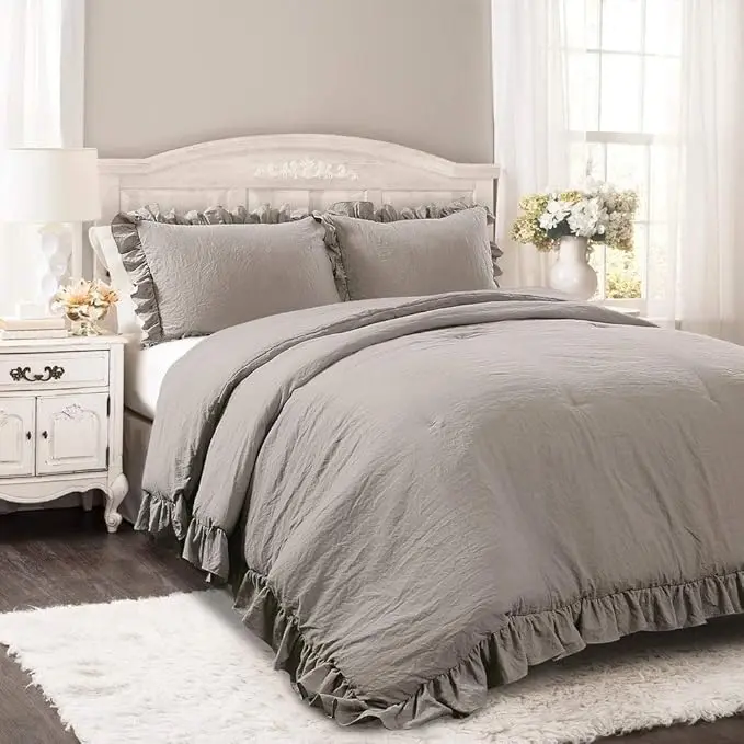 Lush Decor Reyna 2-3 Piece Bedding Set - Soft Plain Comforter with Ruffled Edge Trim, Pillows & Blanket, All-Season Cozy Sleep Setup for Shabby Chic Room Decor, Farmhouse Vibe & Minimalist Home Accessory