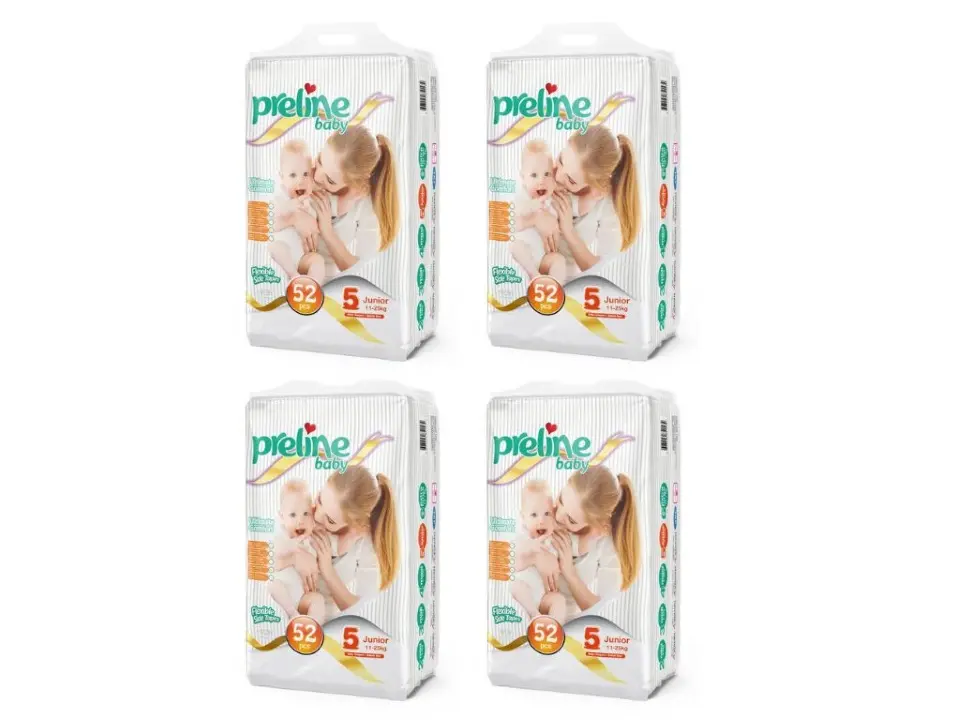 (208 Diapers) Preline Baby Diapers Size 5 Junior (24-55 lbs / 11-25 kg, 4 packs 52 each)
