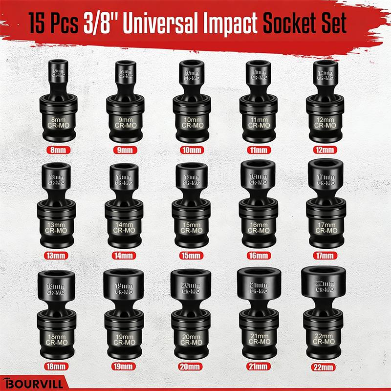 15-Piece 3/8" Drive Shallow Universal Impact Socket Set, 6-Point, Metric, 8-22mm, 15-Piece Swivel Socket Set, Metric Flexible Wobble Sockets, CR-MO Steel 15-Piece 3/8" Drive Shallow Universal Impact Socket Set, 6-Point, Metric, 8-22mm, 15-Piece Swivel Socket Set, Metric Flexible Wobble Sockets, CR-MO Steel