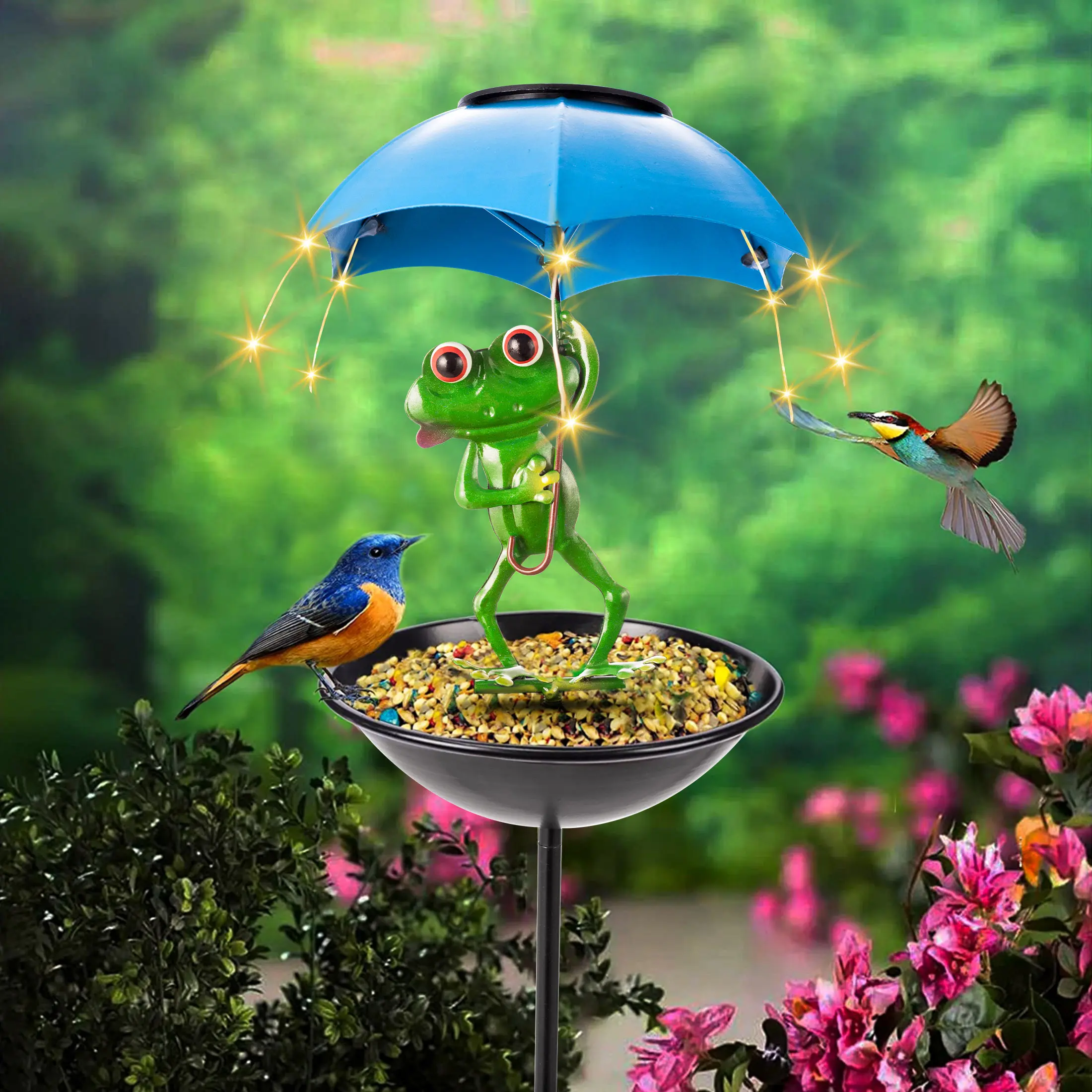 Metal Solar Bird Feeder - Waterproof Outdoor Solar-Powered Feeder with Umbrella, LED Lighting, Built-In Drainage Holes, Animal Theme Garden Decoration, Unique Gift for Mom & Grandma