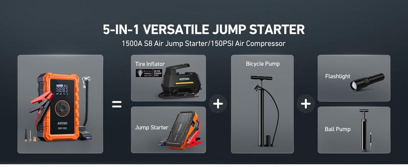 AstroAI S8 Air 7 in 1 10000mAh Battery Capacity Car Battery Jump Starter with 150PSI Air Compressor 12V Battery Charger Compact Design International Warranty - Automotive