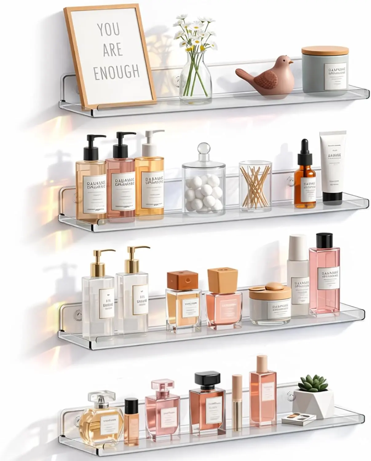 4-Pack Minimalist Acrylic Wall-Mount Floating Shelves (14in) - Heat Resistant Hanging Organizer for Bathroom Makeup, Skincare, Easy Installation, Home Decor Supplies