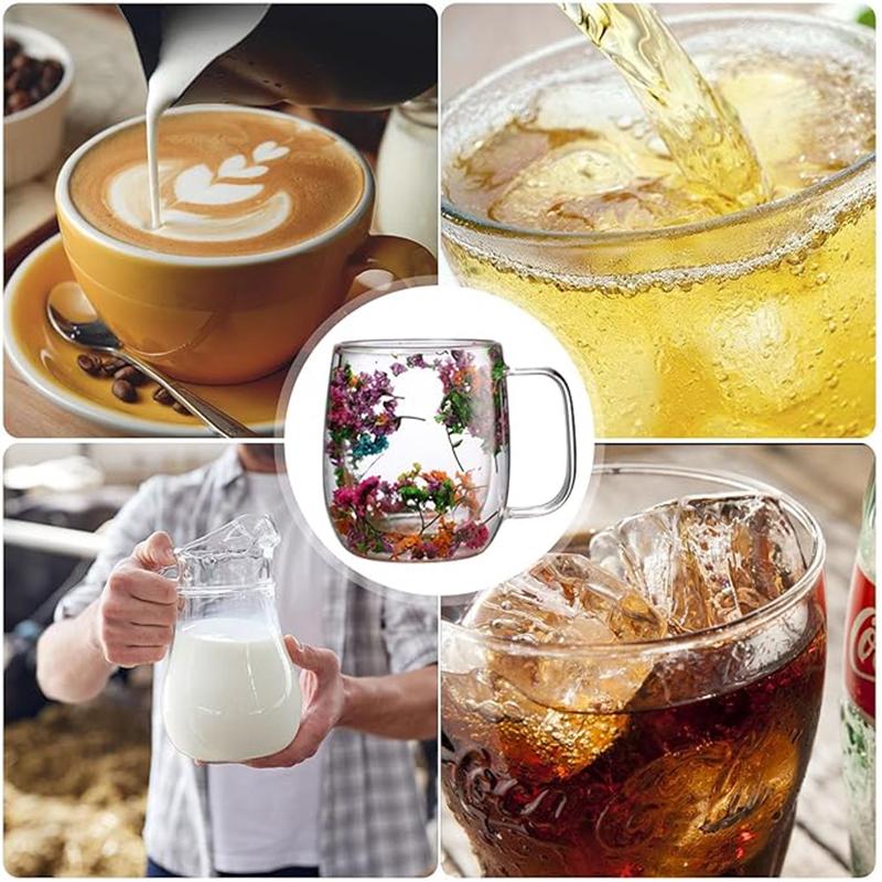 【FaddishDeal】Double glass flower tea cup, 390ml glass coffee cup, insulated flower coffee cup, transparent cup with dried flowers. Drinkware Tumblers.