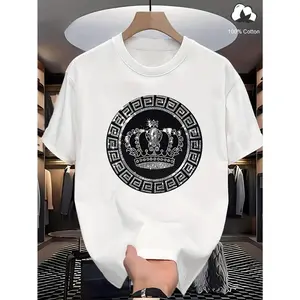 Plus Size Men's Fashion Black and White Decorative Crown Print Pattern T-Shirt, Vintage Elegant Luxury Crown Pattern, Plus Size Men's Street Fashion Clothing