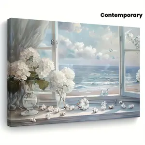 1pc Wooden Framed Canvas Wall Art - Serene Seascape with White Hydrangeas & Butterflies, Contemporary Cottage Style, Ready-to-Hang Indoor Decor for Living Room, Bedroom, Kitchen, Office - Ideal Gift for Home Decoration, Detailed Artwork, Coastal Ho