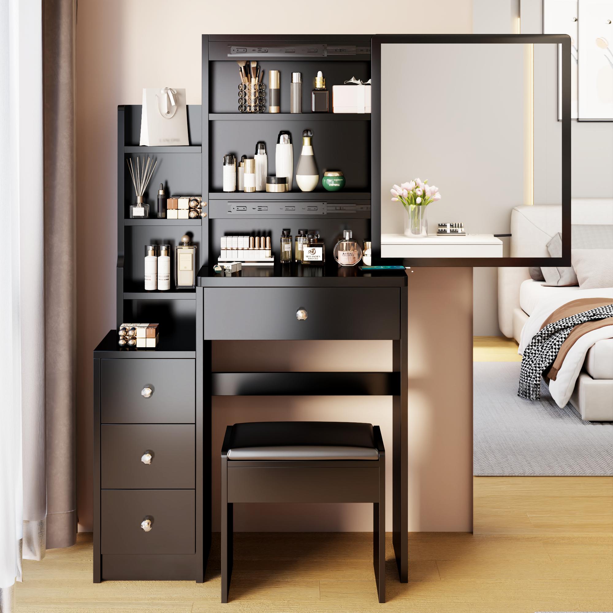 29.2" Small Space Modern Vanity Desk Set - Stylish Stand-Alone Makeup Vanities with Sliding Mirror, Cushioned Stool, Multi-Layer Storage for Bedroom