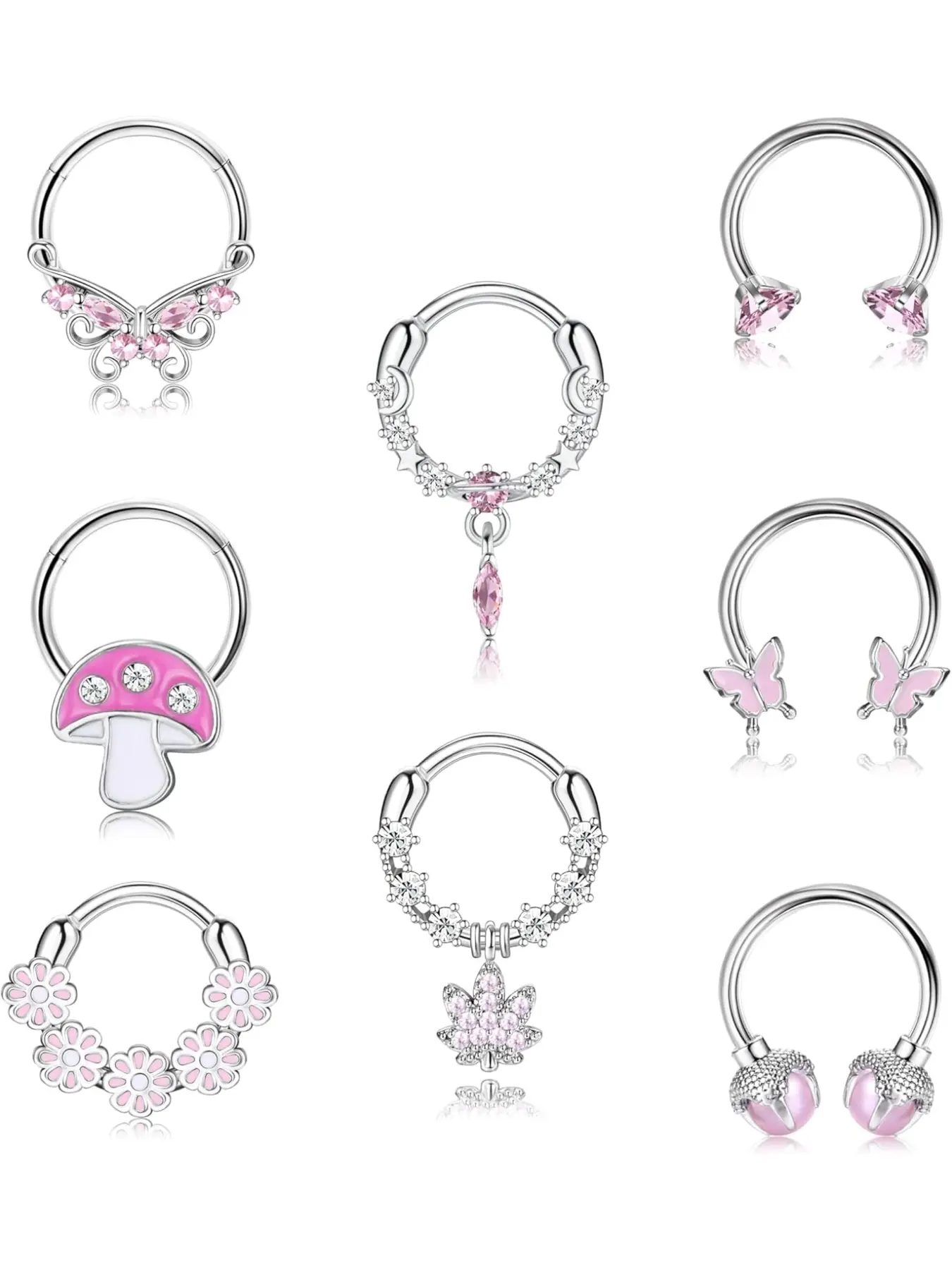 8pcs Nose Rings Hoops for Women, 316L Steel Hinged Cz Silver Color Nose Ring Jewelry, 16g Septum Clicker for Cartilage Tragus Eyebrow Lip Piercings Nose Rings Set