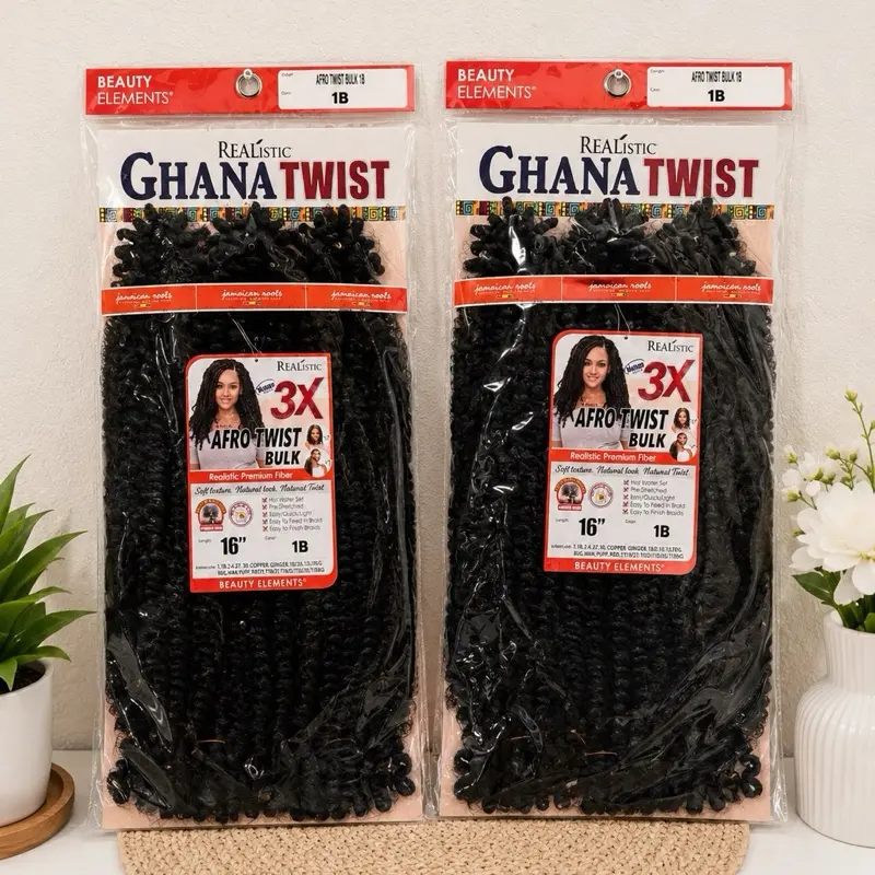 Beauty Elements Realistic Ghana Twist 3X Afro Twist Bulk Hair – 16 Inch, Color 1B Boho Braiding
