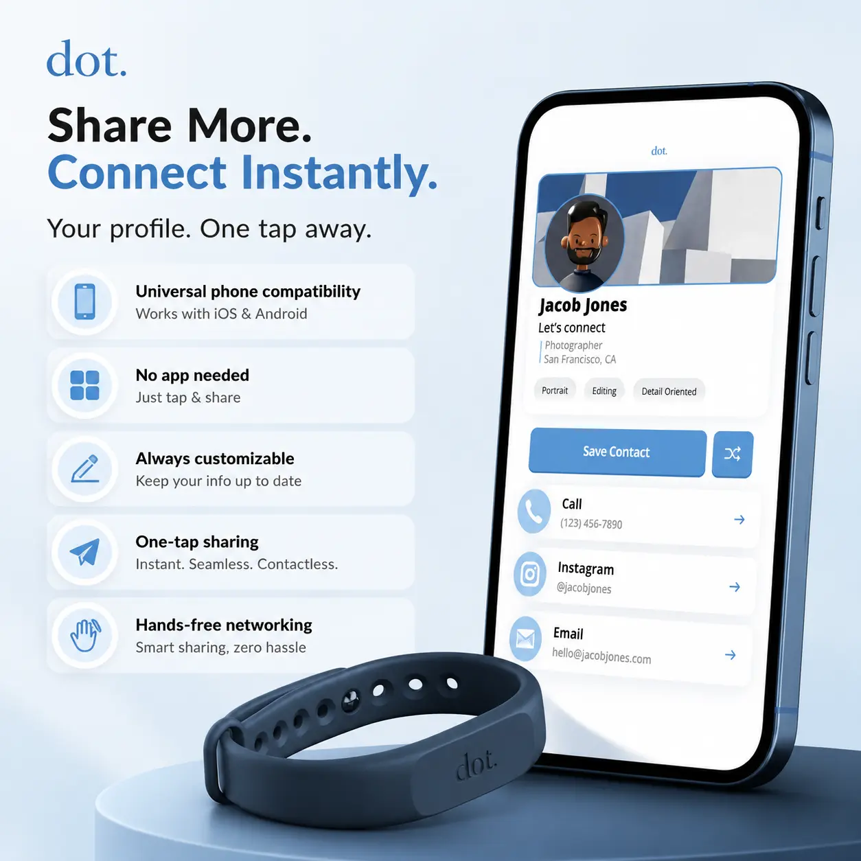 Wearable Dot Band Digital Business Card Wristband with Payment Function, Tap-Compatible for iPhone & Android (Blue)