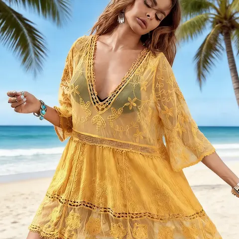 Women's fashionable solid-color beach set, sexy lace loose-fitting resort swimsuit dress with bikini top, comfortable fabric, the best choice for vacation. Summer Swimdress