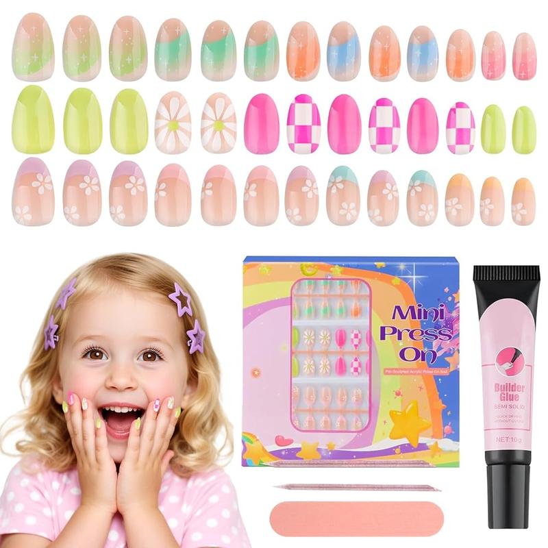 EBANKU Press on Nails Kit for Kids,Includes 144、130、78、24 Pieces Per Pack,Colorful Flower Almond Fake Nail Tips for Girls, Kid Fake Nail Kit for Girls 8-12 Years Old with Jelly Nail Adhesives Valentine Nails Kit and Birthday Gifts Holiday Haul Diy