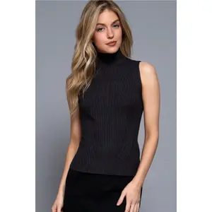 Sleeveless High Neck Rib Sweater Top - Charcoal