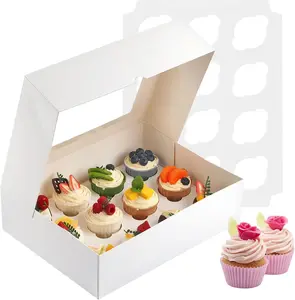 Cupcake Boxes, 2 Pack Disposable Cupcake Containers, Food Grade Cupcake Carrier 12 Count with Window and Inserts, Cupcake Transport Holders Bulk for Muffins Cookies Treats Dessert（White） Svalor