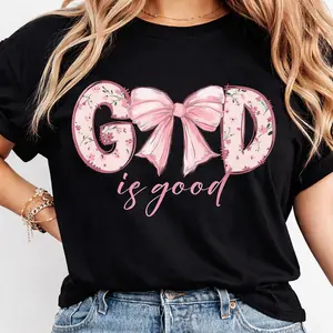 1pc Women's Vintage Christian "God Is Good" Bible Verse T-Shirt with Floral Bow Design Soft Round Neck Short Sleeve Machine Washable Beige Casual Top for Mother's Day Father's Day & All Festivals walk by faith tee Flower Print Casual T-Shirt Unisex Hor