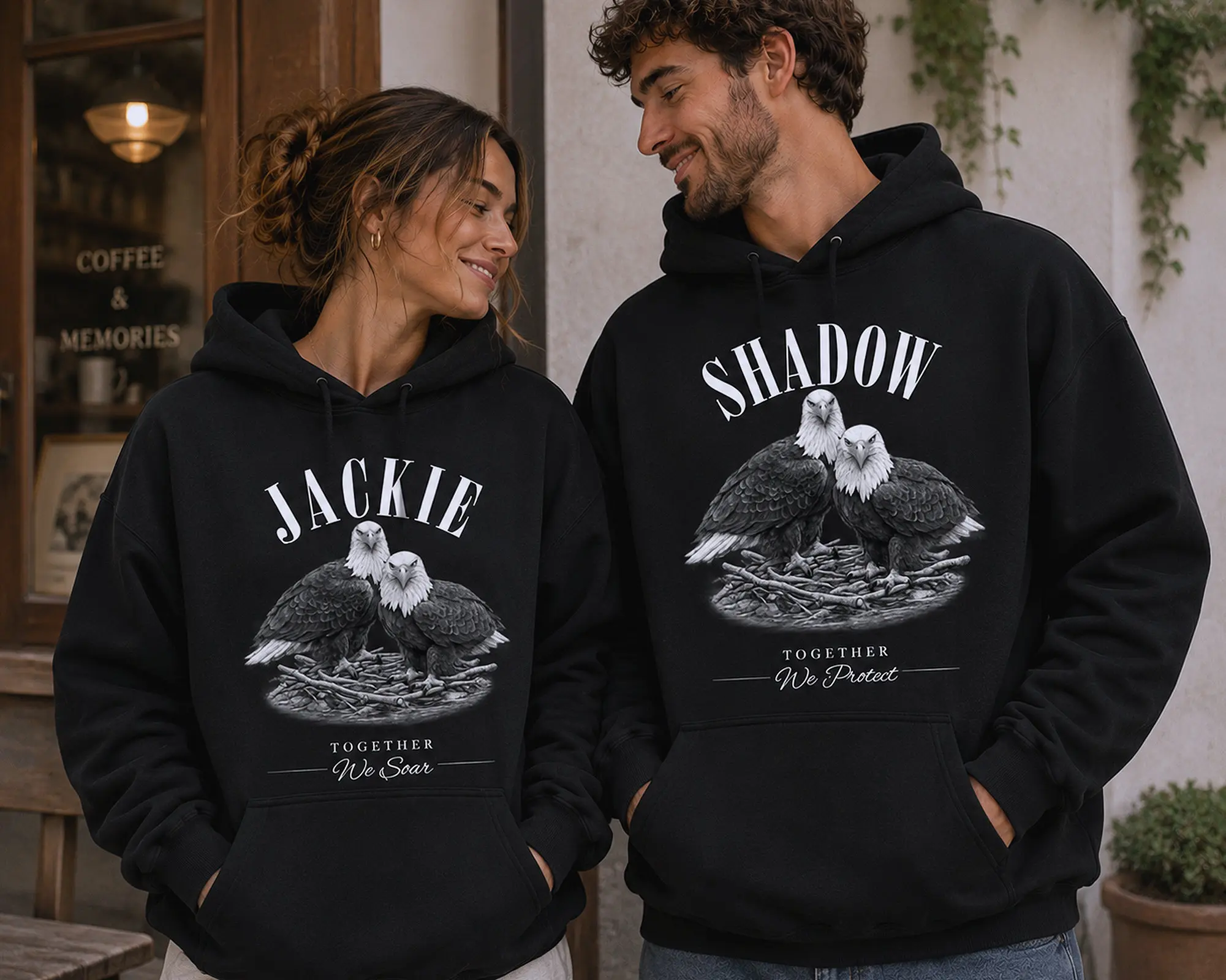 Jackie And Shadow Together Eagles Couple Matching Hoodies Casual Fleece Fabric Pullover Hooded Sweatshirt Tops Trendy for Women for Men, Perfect Gift