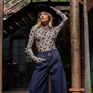 Mesh Western Horse Graphic Mock Neck Top Cowgirl Inspired Sheer Mesh with Long Fitted Sleeves & Thumbhole Cuffs for Layering