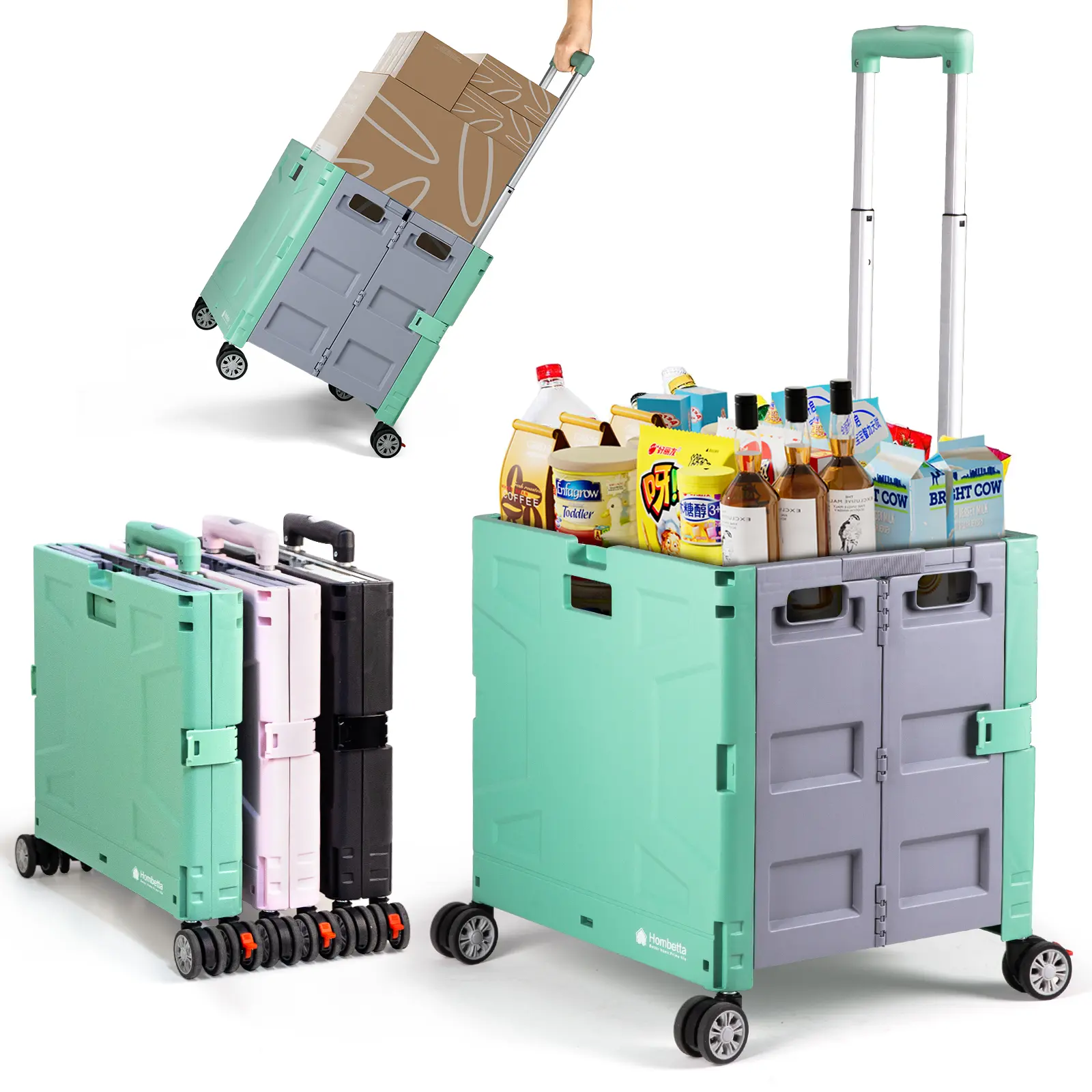 Hombetta Green Portable Convenience Cart, Foldable Rolling Cart with Lid & Wheels, Space Saving Storage Cart with 165 Pound Capacity for Shopping, Camping Gear, Travel & Everyday Use Folding Trolley Cart Collapsible Wagon Cart