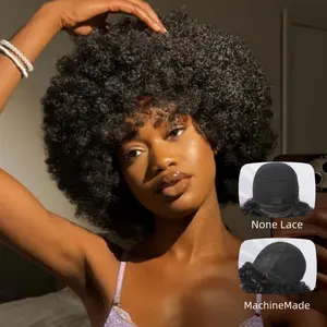 AliPearl Wigs 200%Density Bouncy Curly Bob Wig with Bangs 14Inces None Lace Machine Made Bob Wig Human Hair
