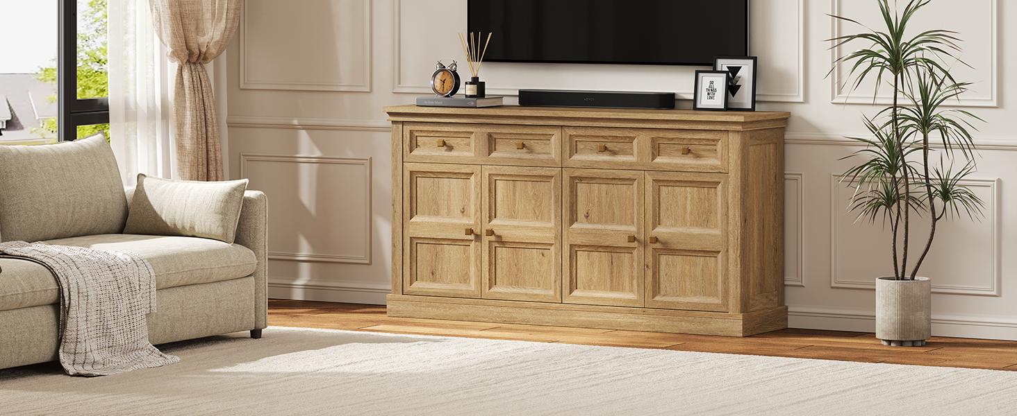 【SPOTLIGHT DAY】ONBRILL 63 Inch Buffet Cabinet with Storage Large Sideboard Credenza with Drawers 4 Doors Storage Sideboards Accent Kitchen Coffee Bar Cabinets for Living Room Entryway