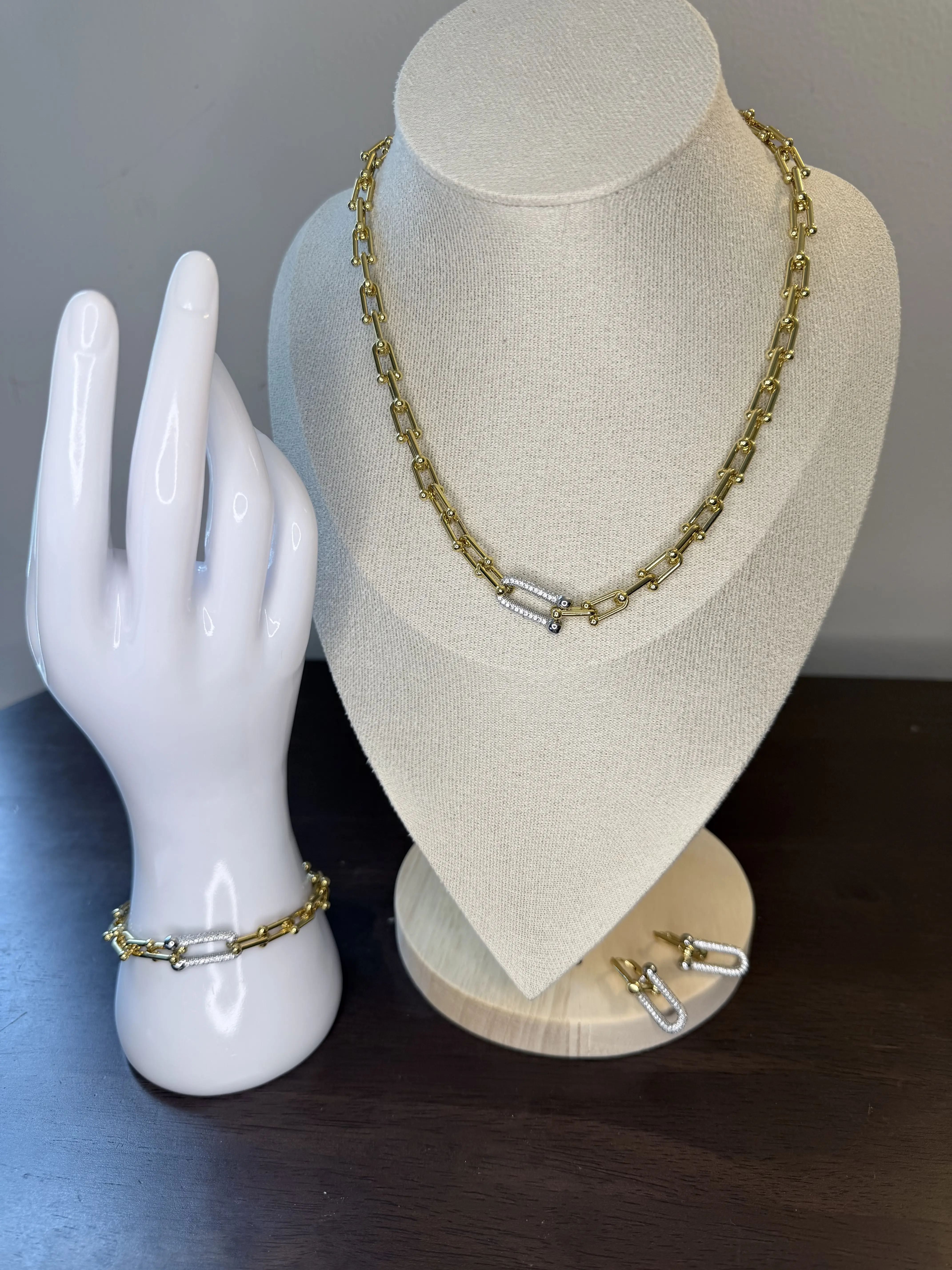 HardWear Graduated Link Gold Plated Zircona Set - Elegant Necklace & Bracelet Ensemble for Women