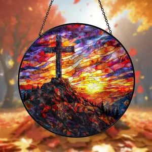 Cross Stained Acrylic Suncatcher Sunset Mountain Christian Decor