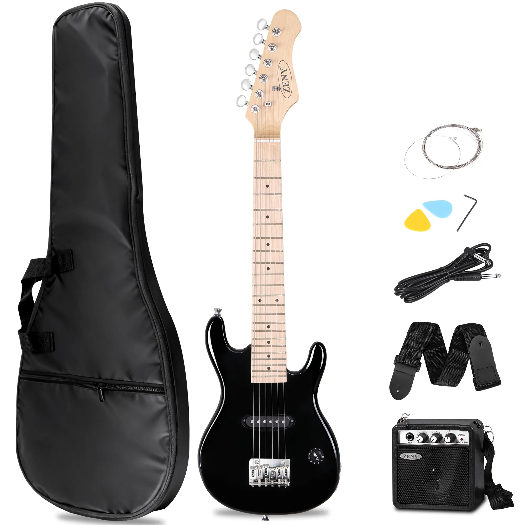 Zeny 30-inch 3/4 Size Compact Right-Handed Kids Electric Beginner Guitar with Mini Portable Guitar Amplifier & Accessories Pack, Adjustable Strap, Black, Portable Guitar Amp