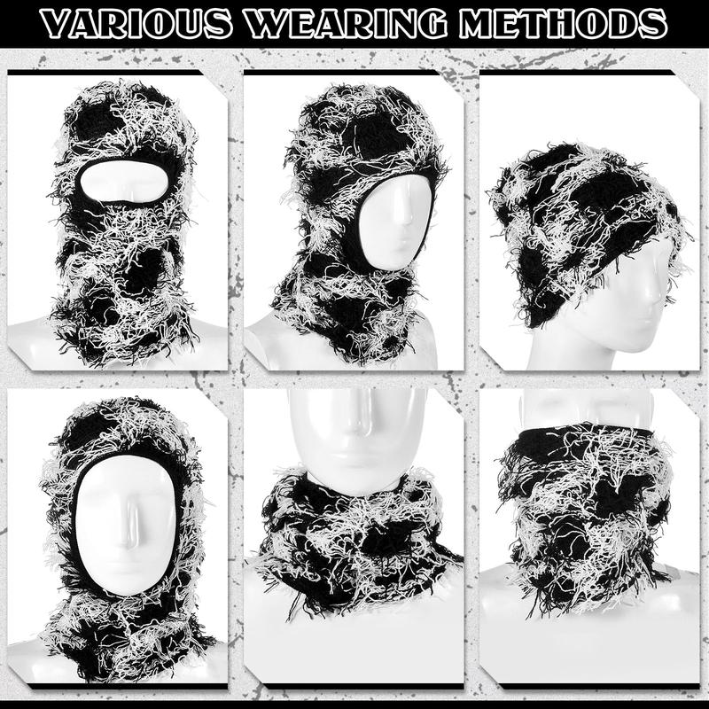 Balaclava Distressed Knitted Full Face Ski Mask Winter Windproof Warmer Men Women One Size Fits All Fuzzy Cozy Camo Cap Yeat Style Beard Funny Outdoor