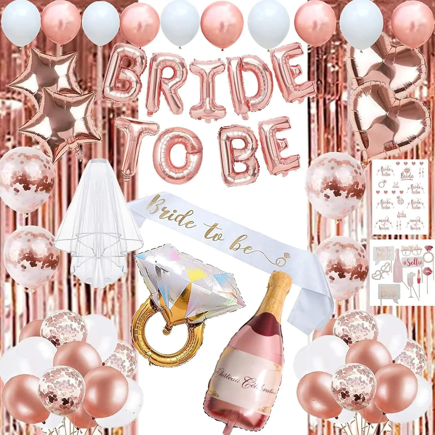 Bachelorette Party Decorations – Rose Gold Bridal Shower Kit with Bride to Be Sash, Veil, Balloons & Fringe Curtain Gifts