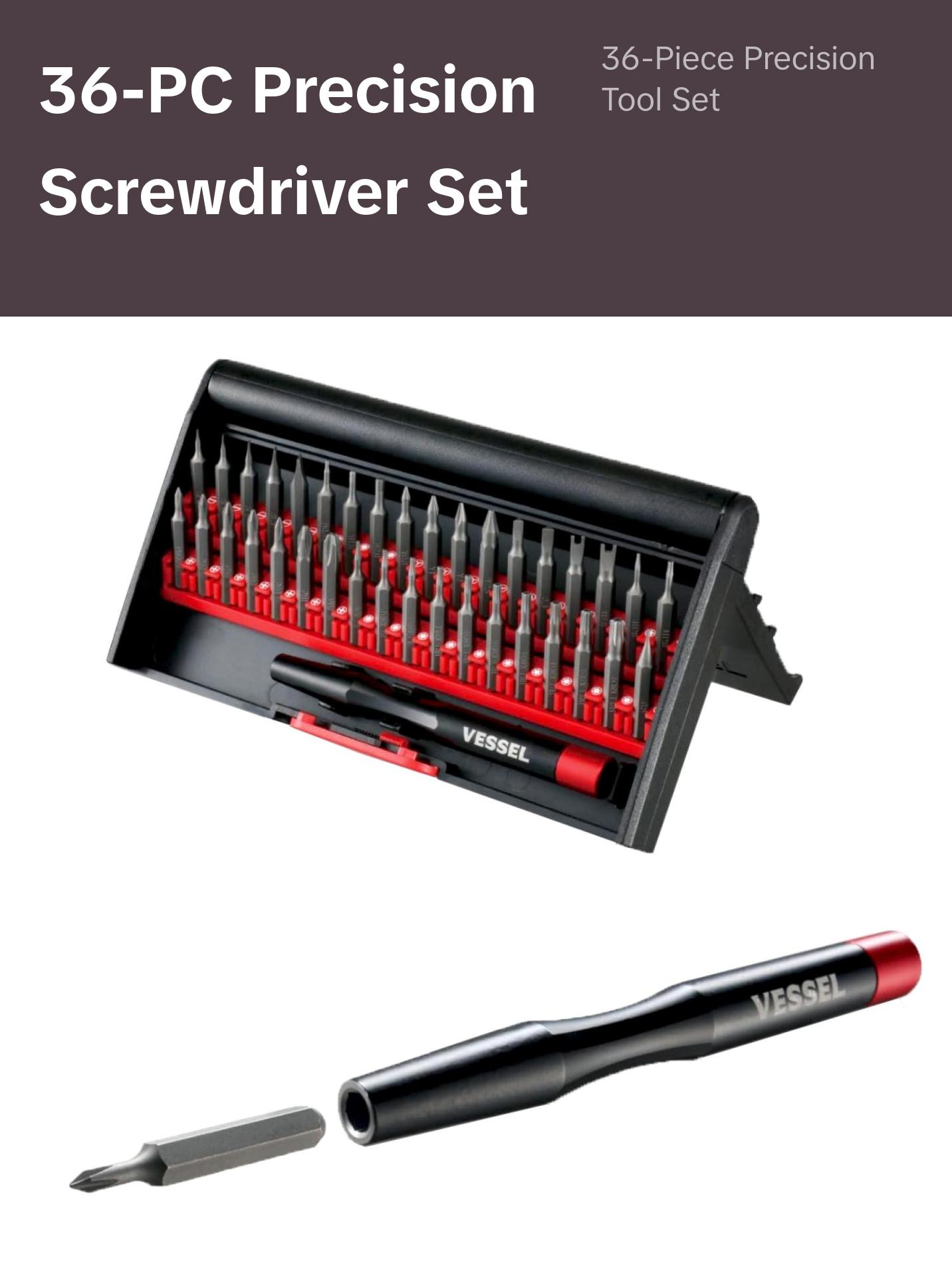 Vessel Tools 9836 Precision Screwdriver & Interchangeable Bit Set, 36 Pc.