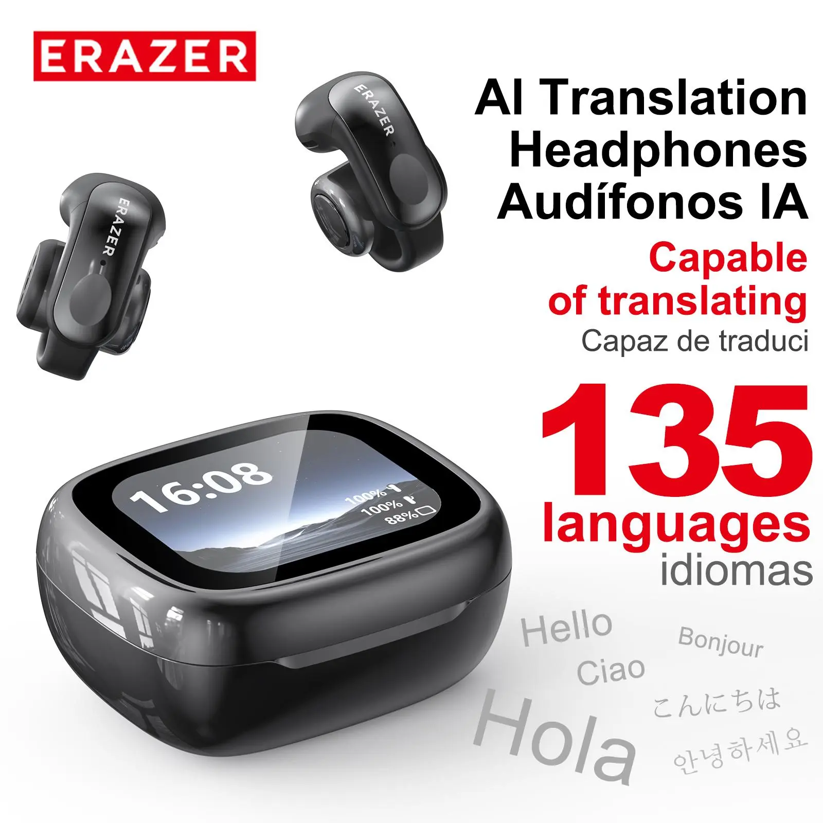ERAZER XF28 Clip-on Open Ear Translation Wireless Earbuds - Hands Free, Fitness Earbuds, Waterproof Headphones, Wearable Tech, APP-Enabled, Audio-Visual Future Touch Screen, Bluetooth 6.0, Long Endurance, for Sports Running