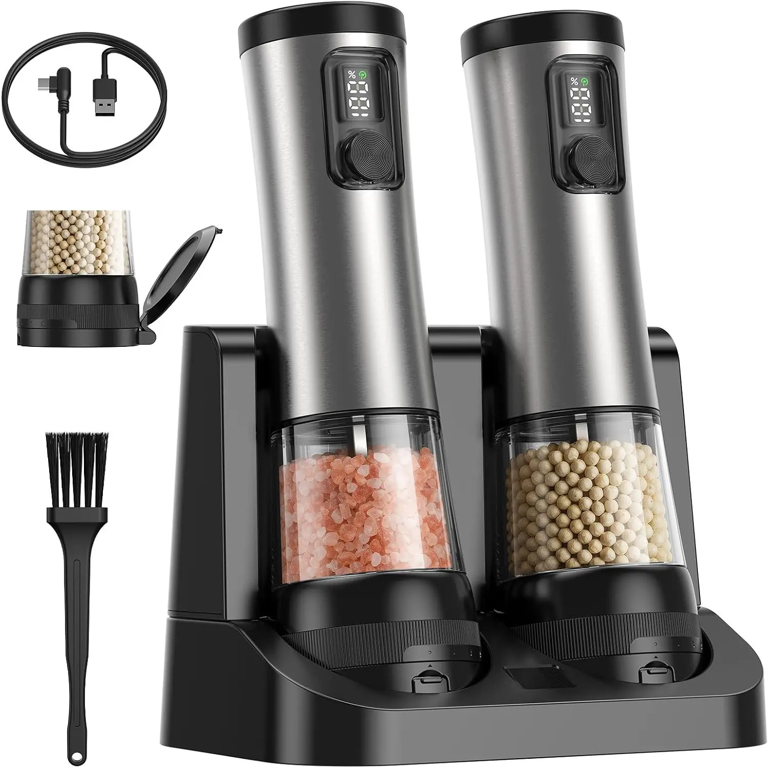 Rechargeable Electric Salt & Pepper Grinder Set, 2-Pack Stainless Steel Utensils with Adjustable Coarseness & Speed, Large Capacity, 1-Hand Operation for Kitchen & Camping Seasoning Summerwins