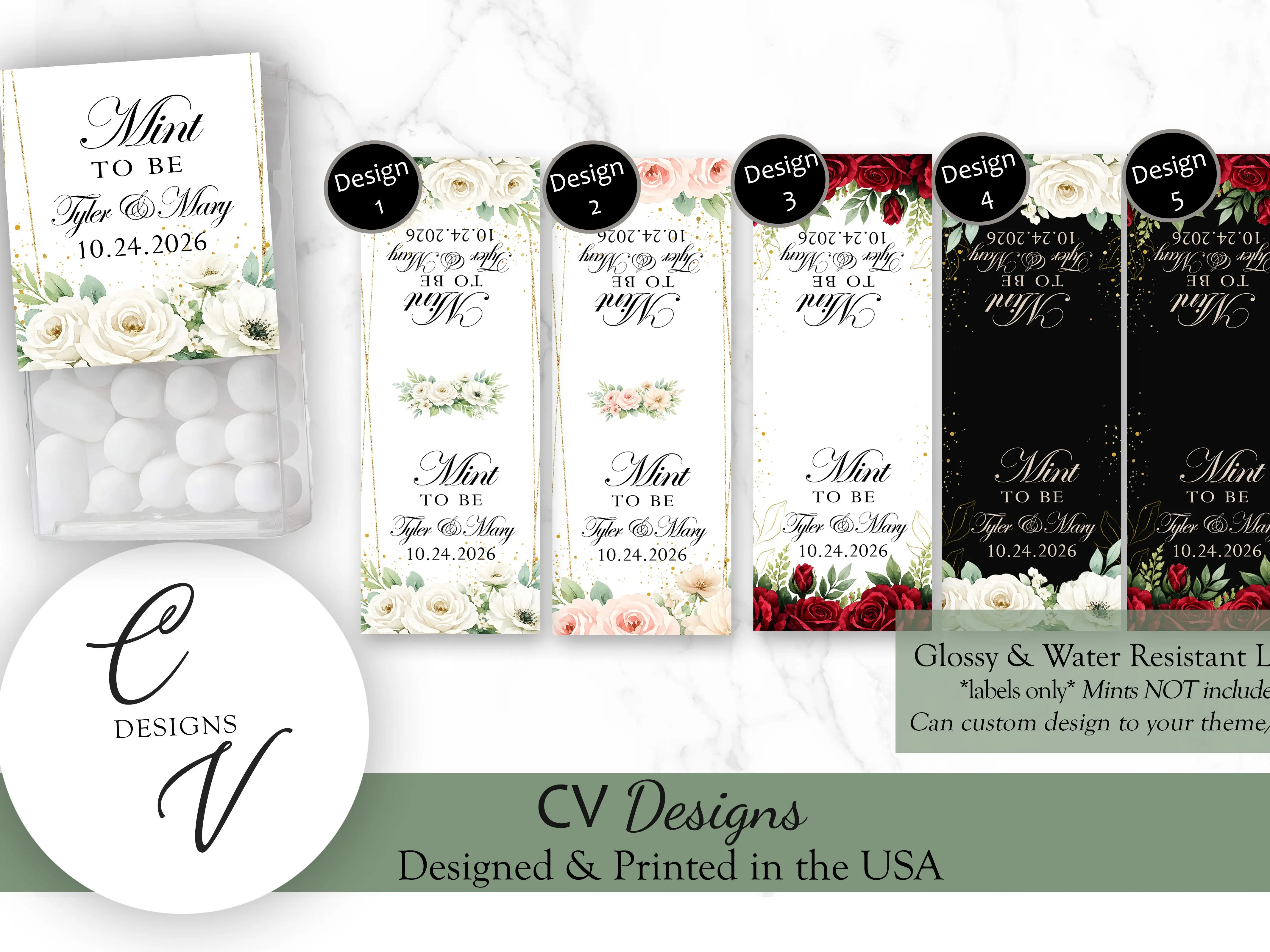 CV Designs Wedding Mint Labels Favor Sticker Labels 50pcs or 100pcs Modern Glossy Water-Resistant Personalized Party Favors