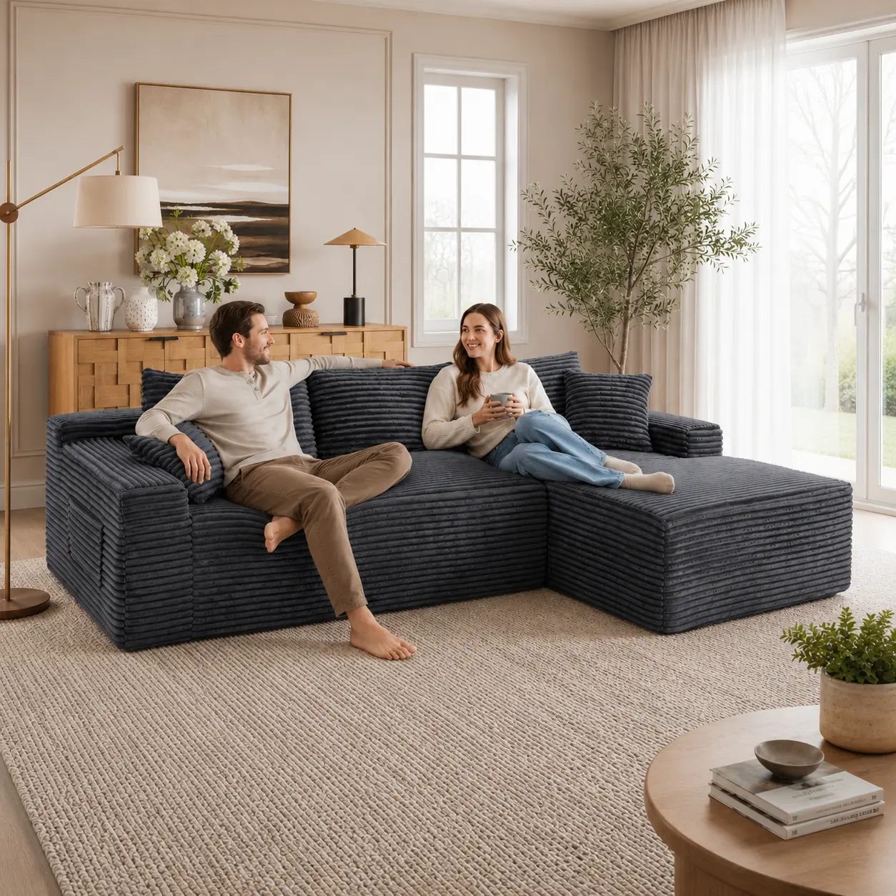 Kaydeno 4-Seat Minimalist Right-Hand Facing L-Shape Corduroy Cloud Sectional Sofa, Indoor Living Room Sectional Sofa Couch, Fixed Arms, Smart Coils Support, No Assembly Required (Black), Corduroy Cloud Sofa