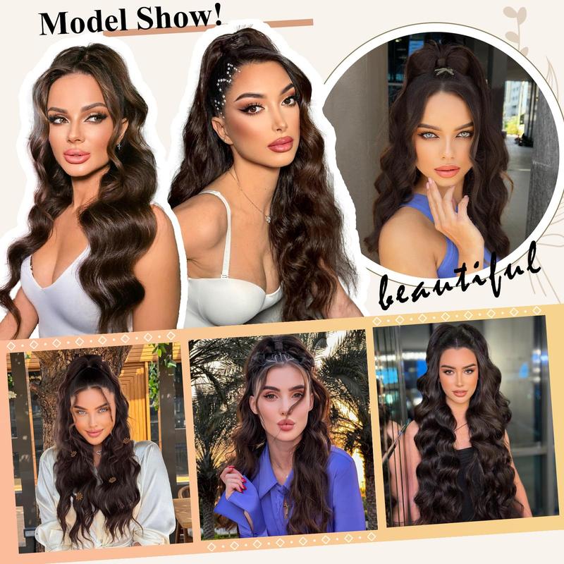 【Flash Sale】 Ponytail Extension 26 Inch Long Wavy Drawstring for Women in Dark Brown with Fluffy Hairpiece for Daily Use Synthetic Hair