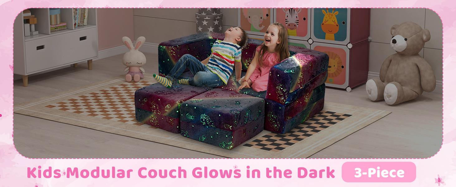 Costway Modular Play Couch, Glow in The Dark Fold Out Children Sofa Couch, Bedroom Playroom Furniture for Toddlers, Comfy Foam and Floor Cushion Gift for Boys Girls 3+ Costway Modular Play Couch, Glow in The Dark Fold Out Children Sofa Couch, Bedroom Playroom Furniture for Toddlers, Comfy Foam and Floor Cushion Gift for Boys Girls 3+