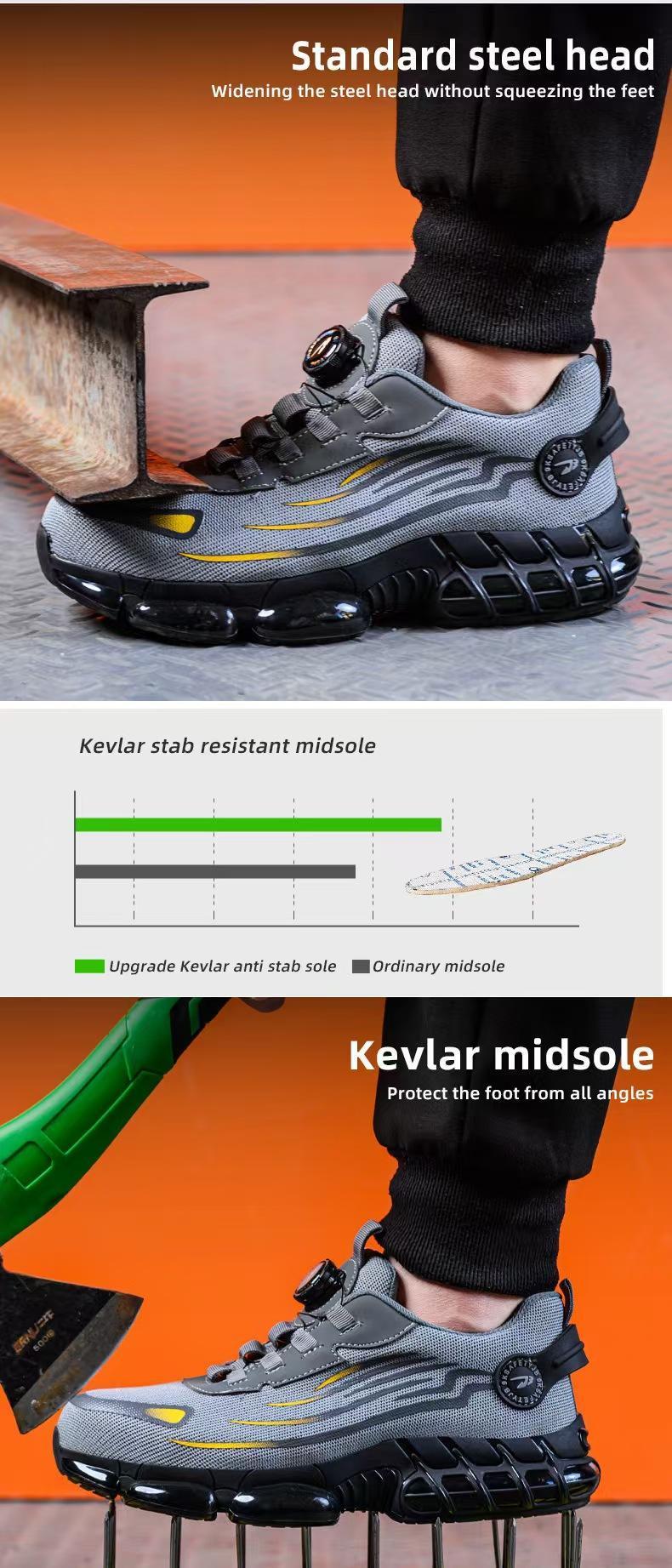 Men's Lace Up Low Top Anti Piercing & Anti Smashing Safety Shoes with Rotating Button Breathable Contrast Mesh Anti-Slip Sole for Outdoor Work