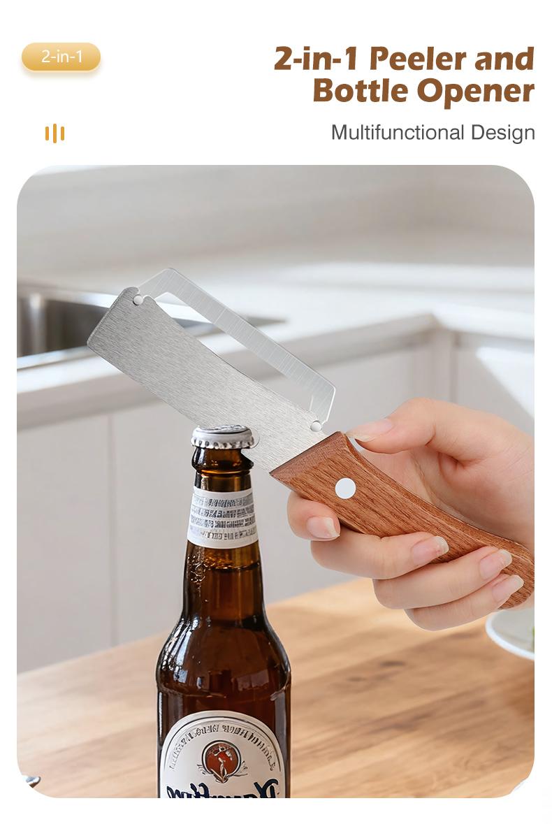 Wooden-Handled Stainless Steel Sharp Peeler with Built-In Bottle Opener for Fruits & Vegetables Ergonomic Non-Slip Handle Long-Lasting Construction Essential Kitchen Tool