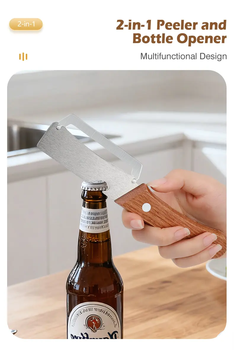 Stainless Steel Sharp Peeler with Wooden Non-Slip Ergonomic Handle, Built-In Bottle Opener, Long-Lasting Construction for Fruits & Vegetables, Essential Kitchen Tool