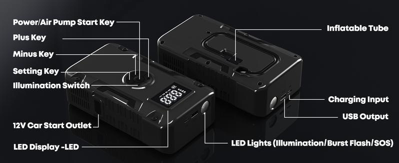 1pc 5-in-1 Jump Starter with Air Compressor-5000A Peak Power, 150PSI Digital Tire Inflator, ABS Material, USB Rechargeable, for Gas/Diesel Vehicles, Portable with LED Emergency Lighting, Auto Shut-Off, Tire Pressure Detection & Adjustment, Quick Charge