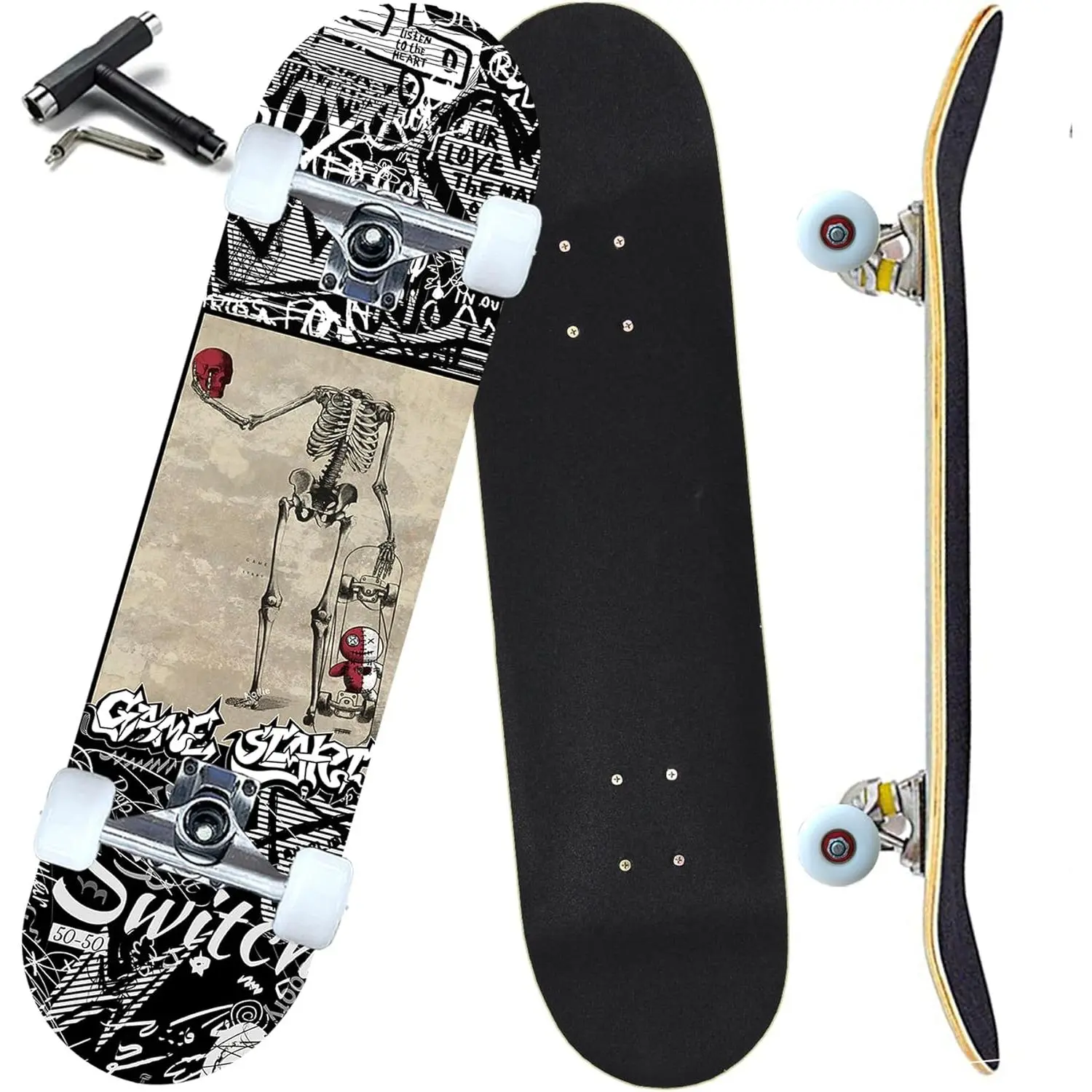 Pro Concave Complete Skateboard - 31"x8" 7-Layer Canadian Maple Wood Anti Slip Deck Shortboard, Double Kick for Youth, Adults, Street Tricks & Balanced Casual Riding