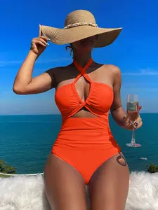 One-piece cross-neck hollow-out backless slim-fit sexy beach vacation swimsuit for women Available in