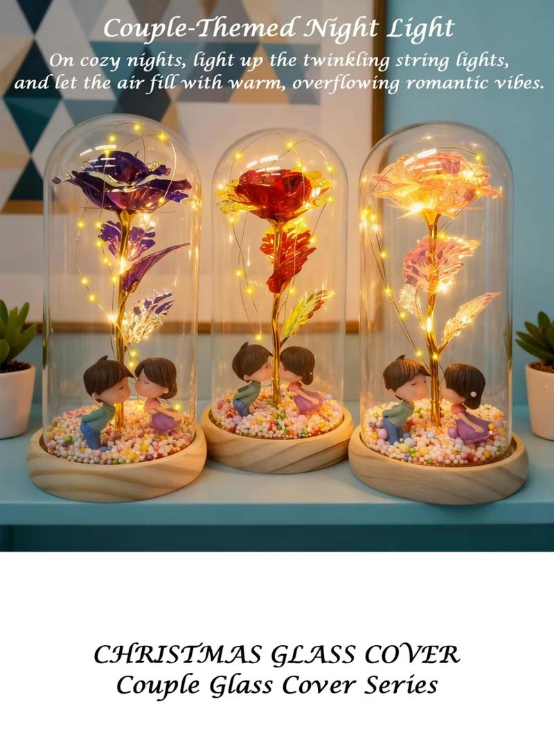 Valentine's Day simulation gilt roses, creative wooden base glass cover with couple dolls, colorful foam balls, AA battery power supply, gift box packaging suitable for Valentine's Day gifts, romantic night lights in home bedrooms Valentine's Day simulation gilt roses, creative wooden base glass cover with couple dolls, colorful foam balls, AA battery power supply, gift box packaging suitable for Valentine's Day gifts, romantic night lights in home bedrooms