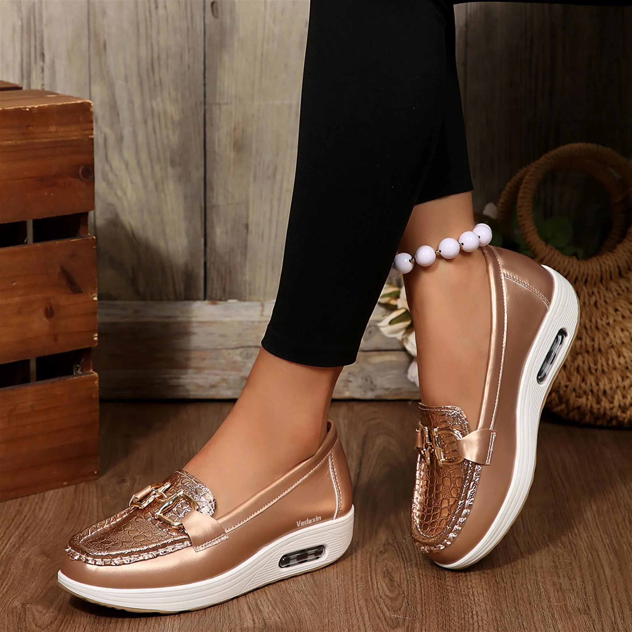 Women's Fashion Loafers Metallic Buckle Lightweight Wedge Sneakers Non-Slip Printed Pattern Shoes Springfresh