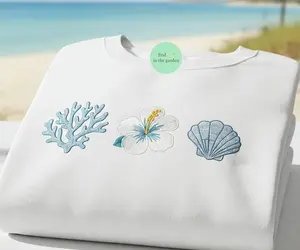 Coral Seashells Tropical Flower Embroidered Shirt, Coastal Summer Embroidery Tee, Beach Aesthetic Crewneck, Island Vacation Sweatshirt