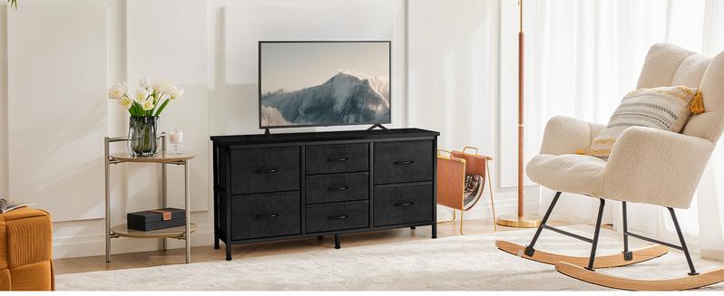 7-Drawer Fabric Dresser for Adults 47-inch TV Stand for Most 43 to 55 inch TVs Wide Storage Chest with Metal Frame Black